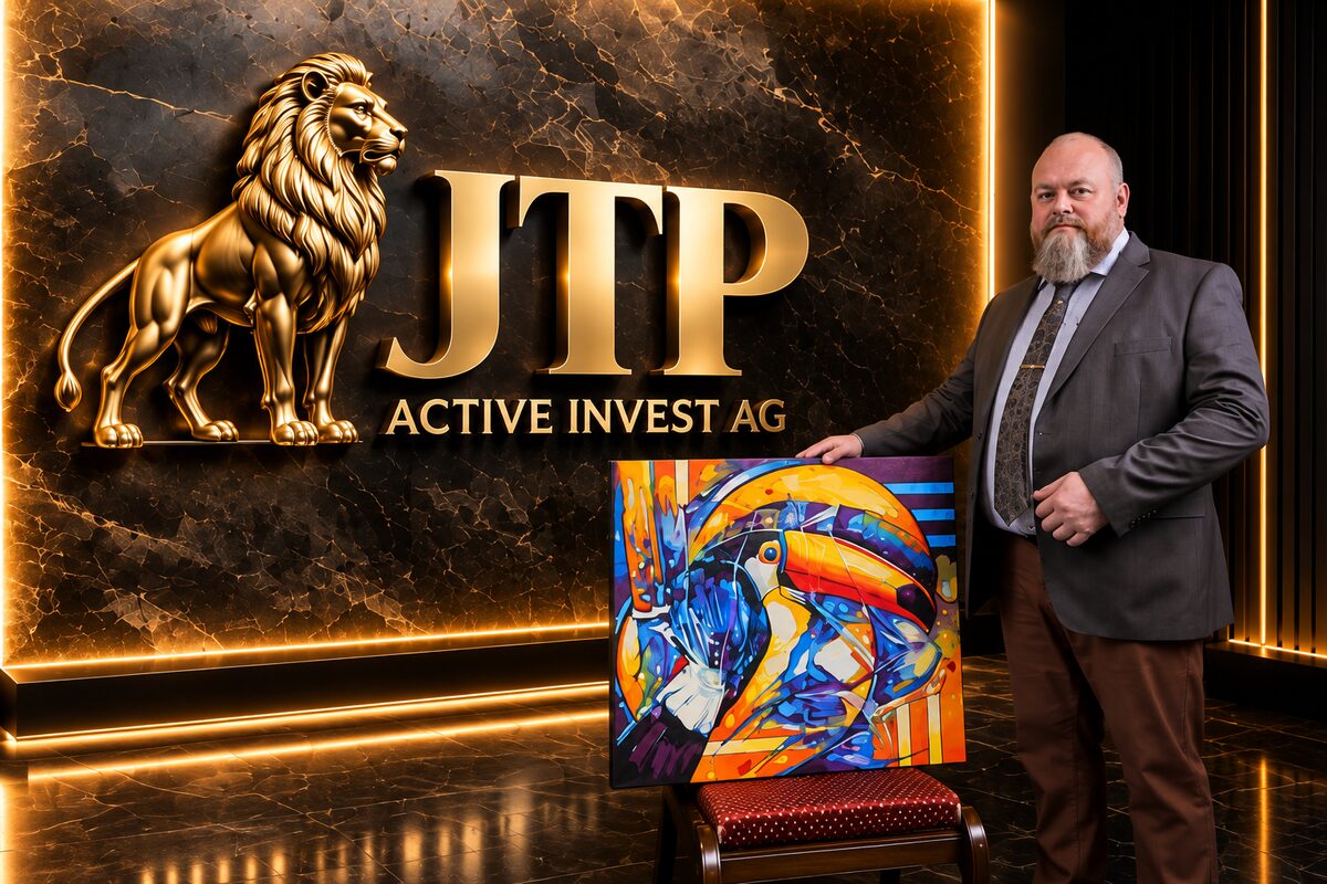 Thomas Schär mit einem Werk vor dem Logo der JTP Active Invest AG