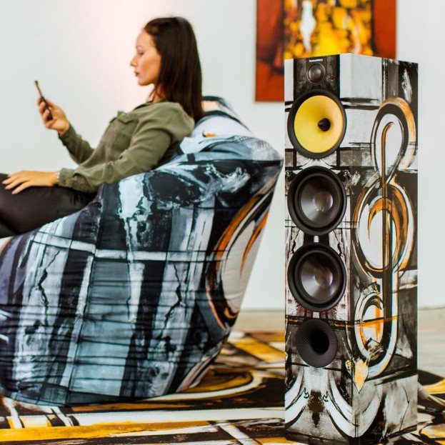 Armchair and loudspeakers with motifs by Joe Muczka jr.